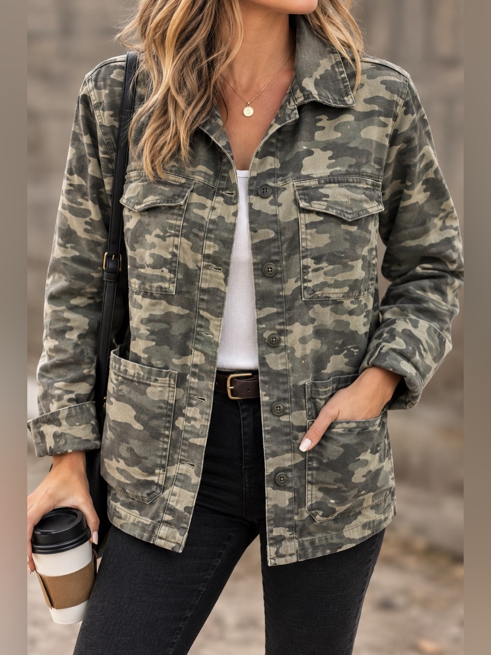 Sanctuary Camo Utility Jacket Shirt Jacket Button Up Military Olive Green M